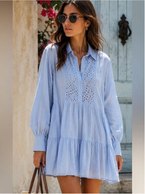Zara Light Blue Embroidered Babydoll Tunic Dress Medium